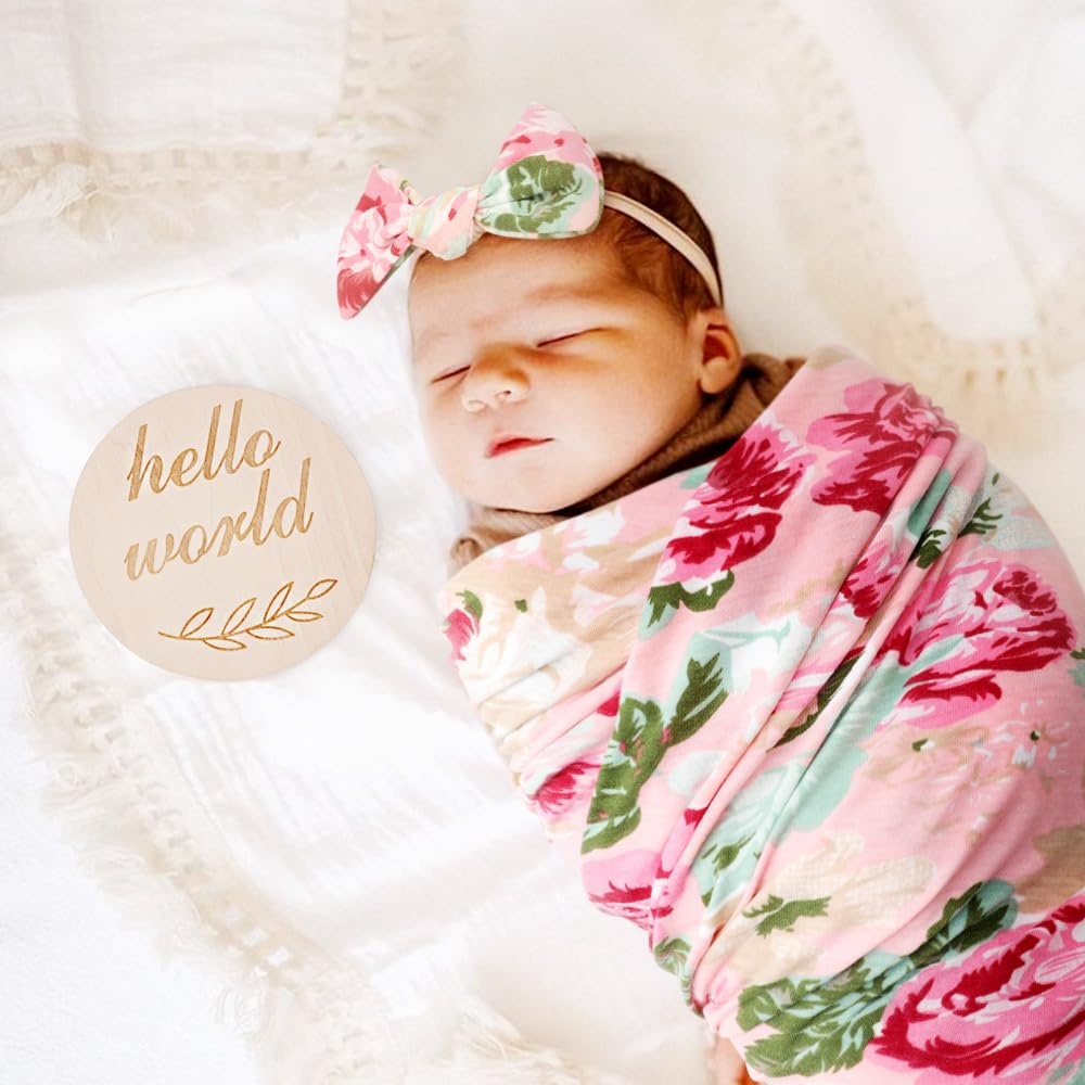 image:imageDRESHOW BQUBO Newborn Receiving Blanket with Bow Hat Set Flower Print Baby Swaddle Blankets with Beanie Nursery Swaddle Wrap 3 SetsRose Patterned Birth Announcement Card Hat Elastic Headband Blanket