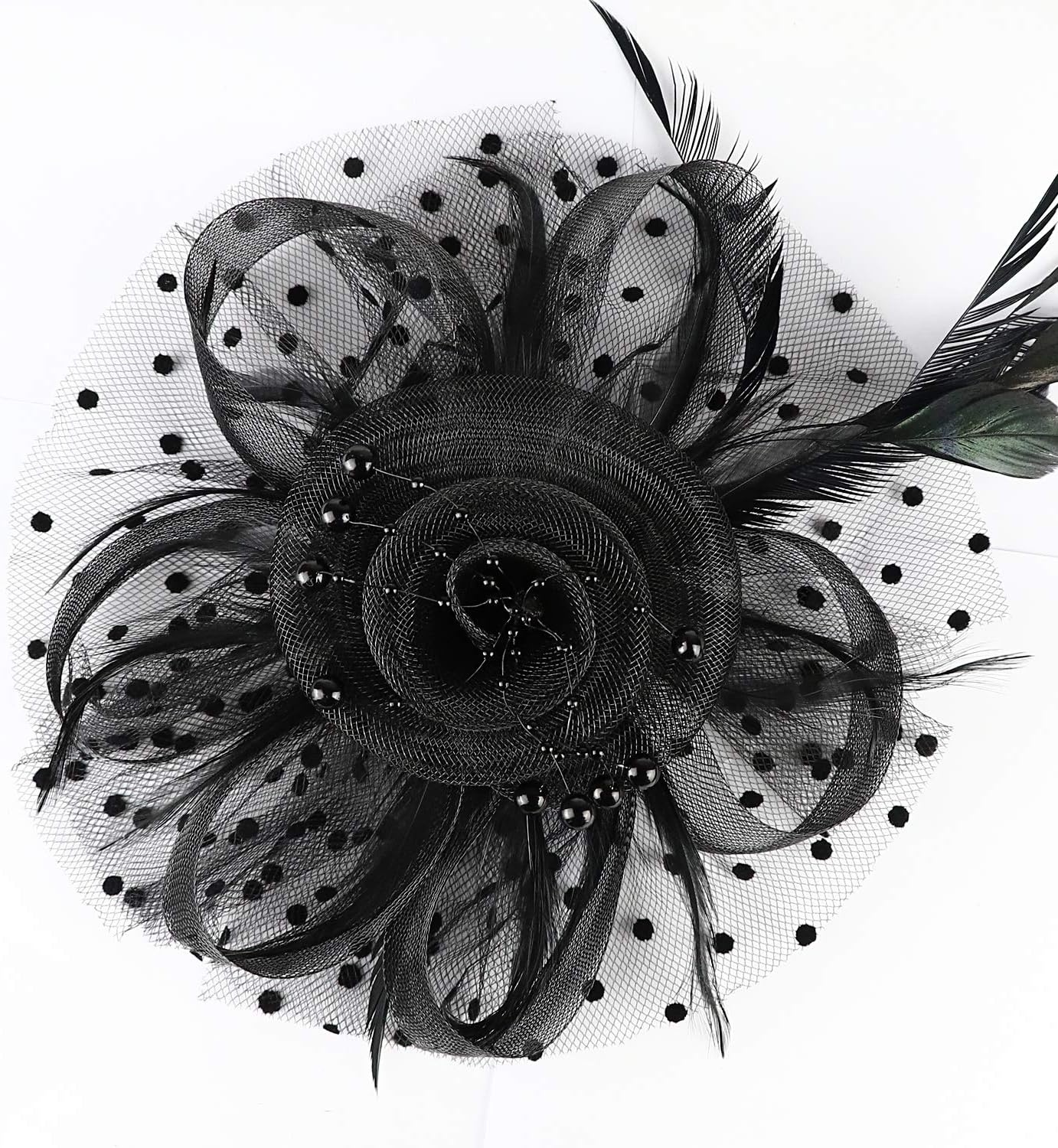 image:imageDRESHOW Fascinators Hat Flower Mesh Ribbons Feathers on a Headband and a Clip Tea Party Headwear for Girls and Women7 Black Necklace Earrings Bracelet