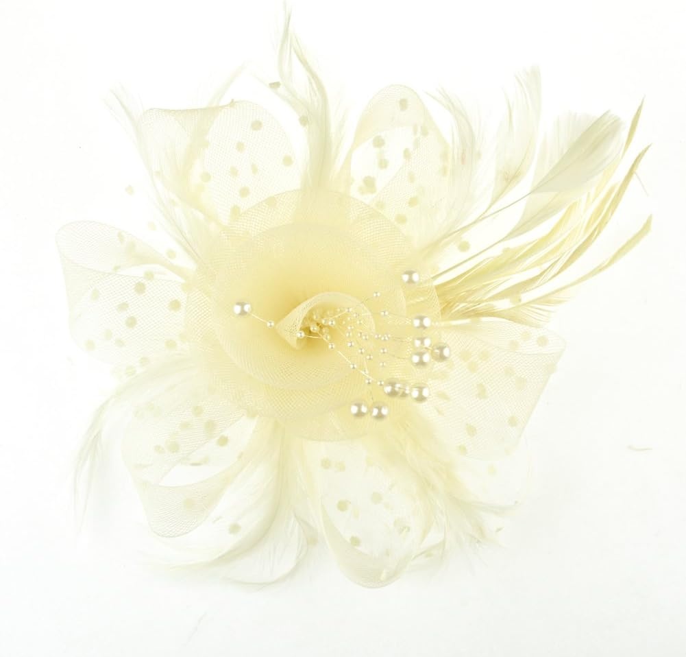 image:imageDRESHOW Fascinators Hat Flower Mesh Ribbons Feathers on a Headband and a Clip Tea Party Headwear for Girls and Women7 Diameter Beige