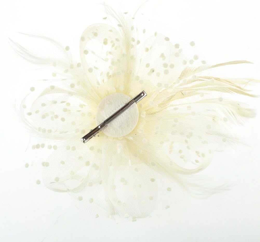 image:imageDRESHOW Fascinators Hat Flower Mesh Ribbons Feathers on a Headband and a Clip Tea Party Headwear for Girls and Women7 Diameter Beige