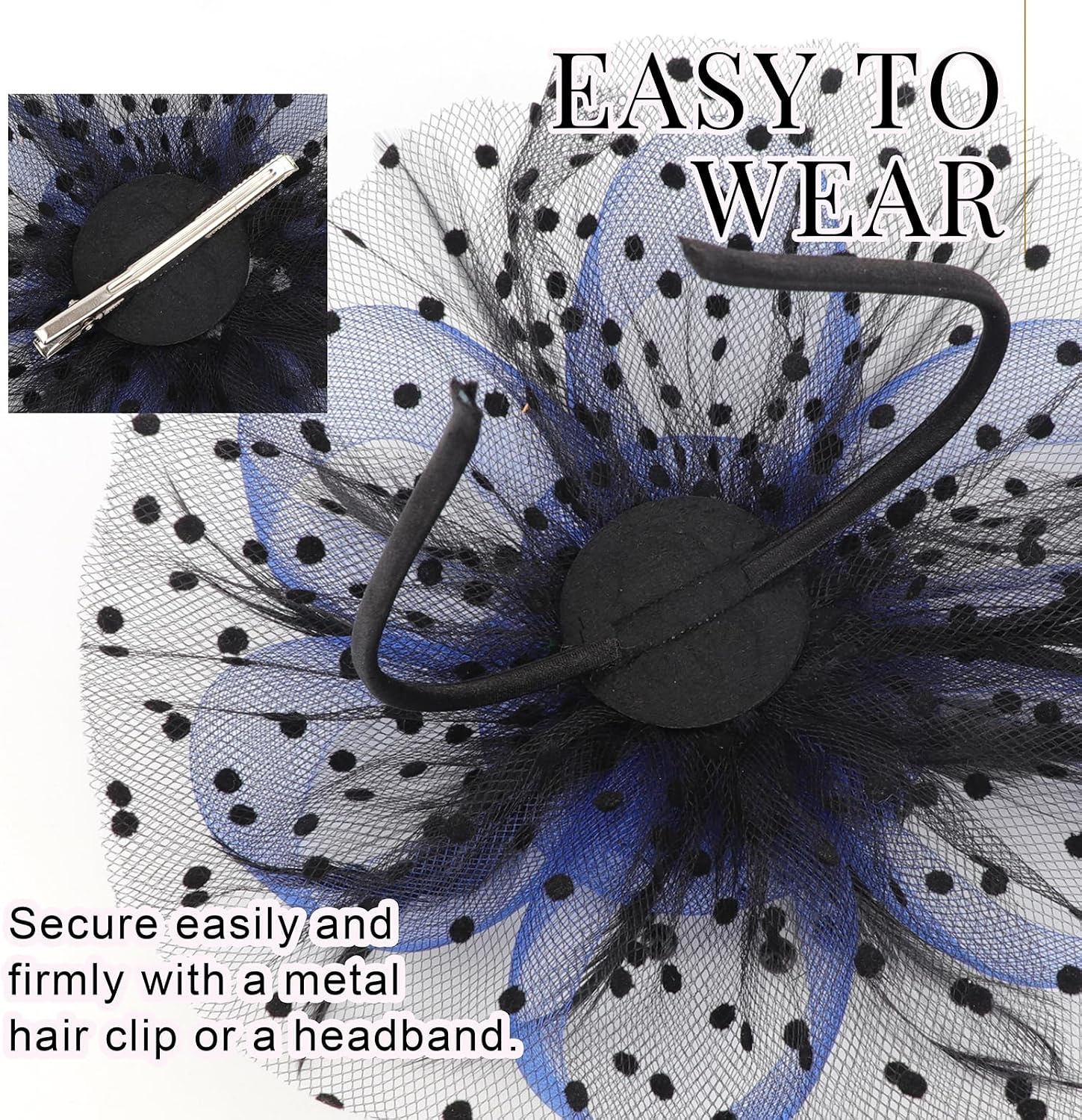 image:imageDRESHOW Fascinators Hat Flower Mesh Ribbons Feathers on a Headband and a Clip Tea Party Headwear for Girls and Women7 Diameter Black Blue