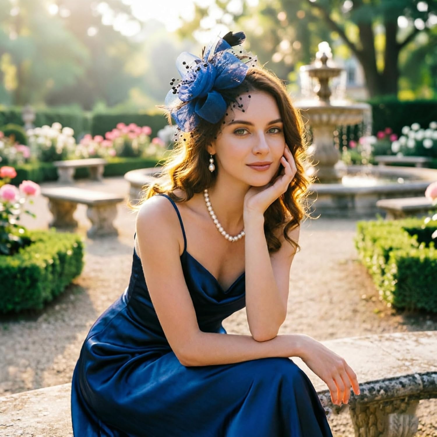 image:imageDRESHOW Fascinators Hat Flower Mesh Ribbons Feathers on a Headband and a Clip Tea Party Headwear for Girls and Women7 Diameter Black Blue
