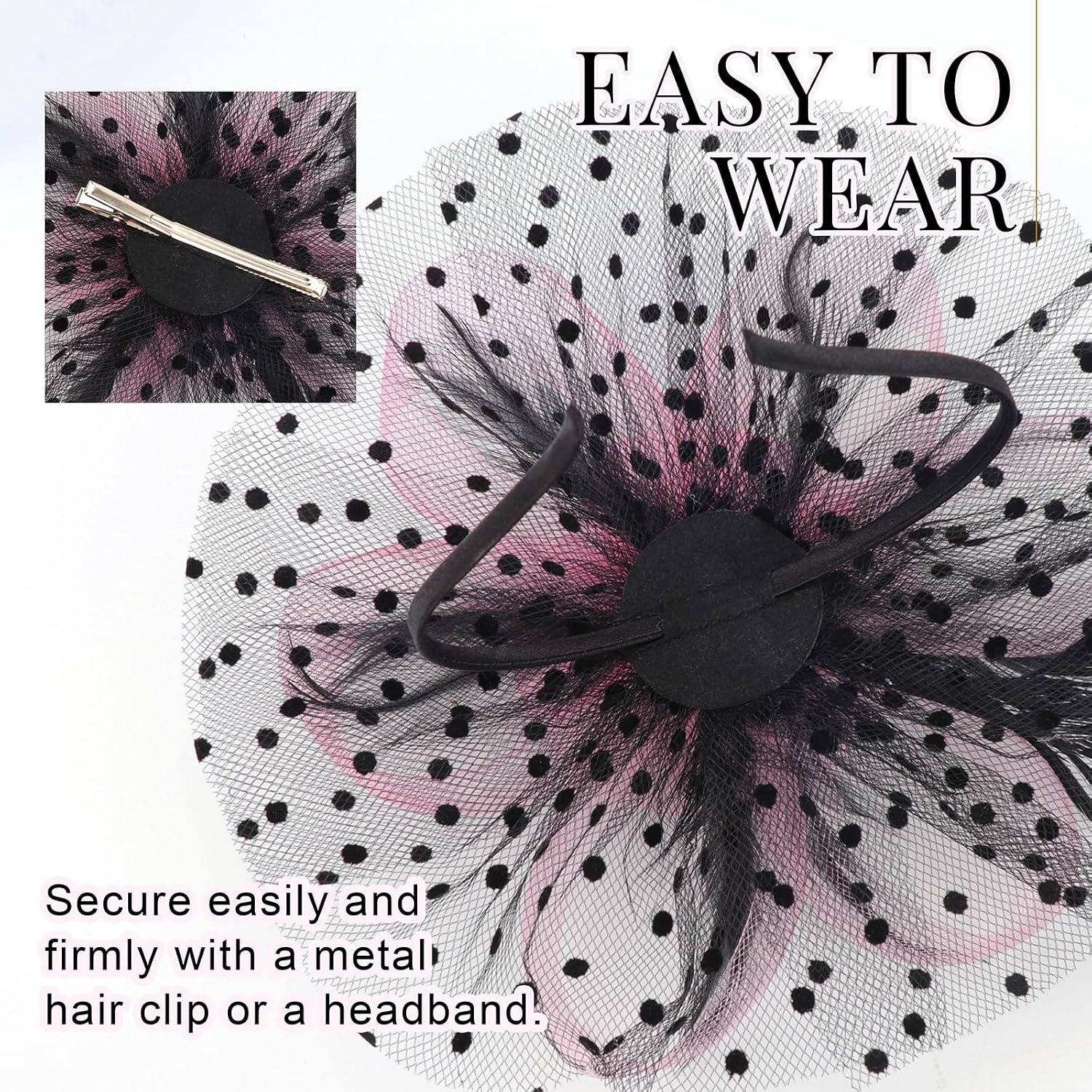 image:imageDRESHOW Fascinators Hat Flower Mesh Ribbons Feathers on a Headband and a Clip Tea Party Headwear for Girls and Women7 Diameter Black Pink