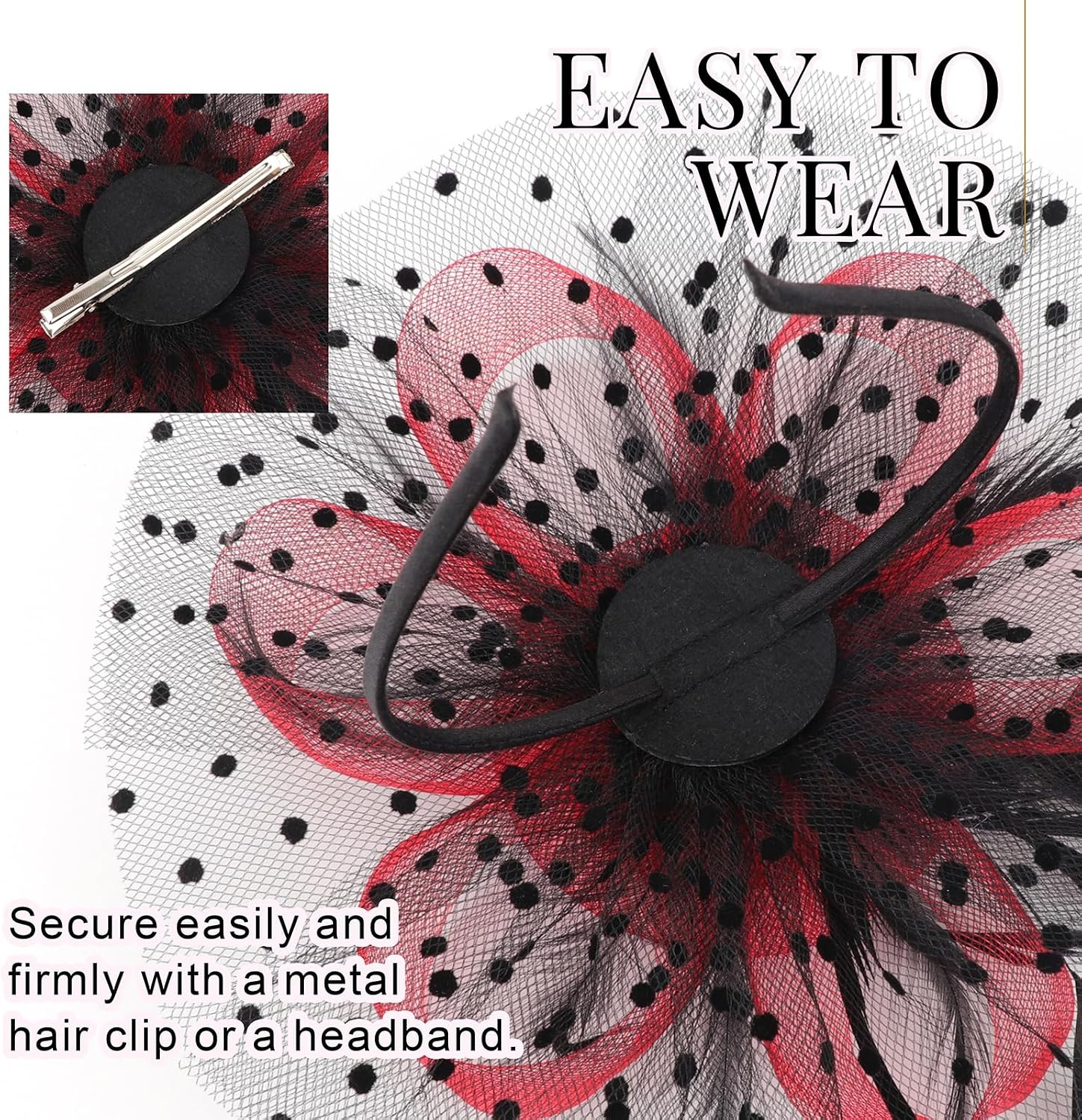 image:imageDRESHOW Fascinators Hat Flower Mesh Ribbons Feathers on a Headband and a Clip Tea Party Headwear for Girls and Women7 Diameter Black Red