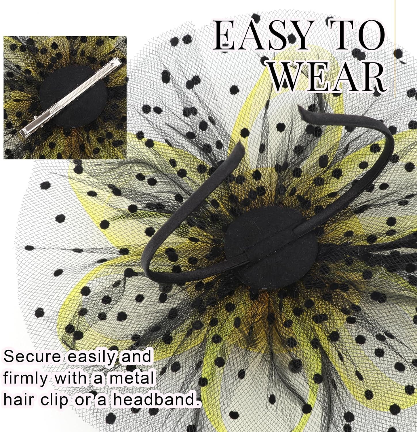 image:imageDRESHOW Fascinators Hat Flower Mesh Ribbons Feathers on a Headband and a Clip Tea Party Headwear for Girls and Women7 Diameter Black Yellow