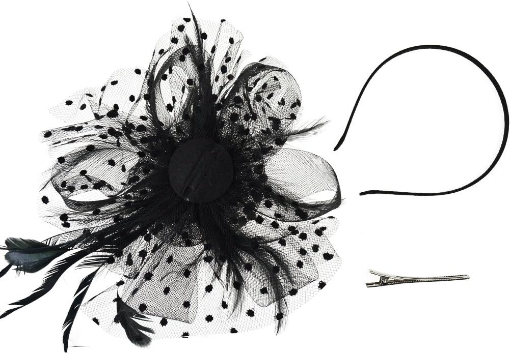 image:imageDRESHOW Fascinators Hat Flower Mesh Ribbons Feathers on a Headband and a Clip Tea Party Headwear for Girls and Women7 Diameter Black