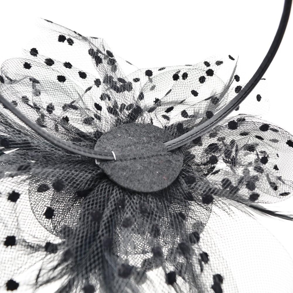 image:imageDRESHOW Fascinators Hat Flower Mesh Ribbons Feathers on a Headband and a Clip Tea Party Headwear for Girls and Women7 Diameter Black
