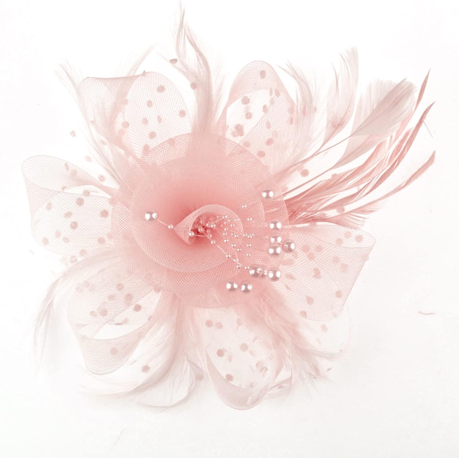 image:imageDRESHOW Fascinators Hat Flower Mesh Ribbons Feathers on a Headband and a Clip Tea Party Headwear for Girls and Women7 Diameter Blush Pink