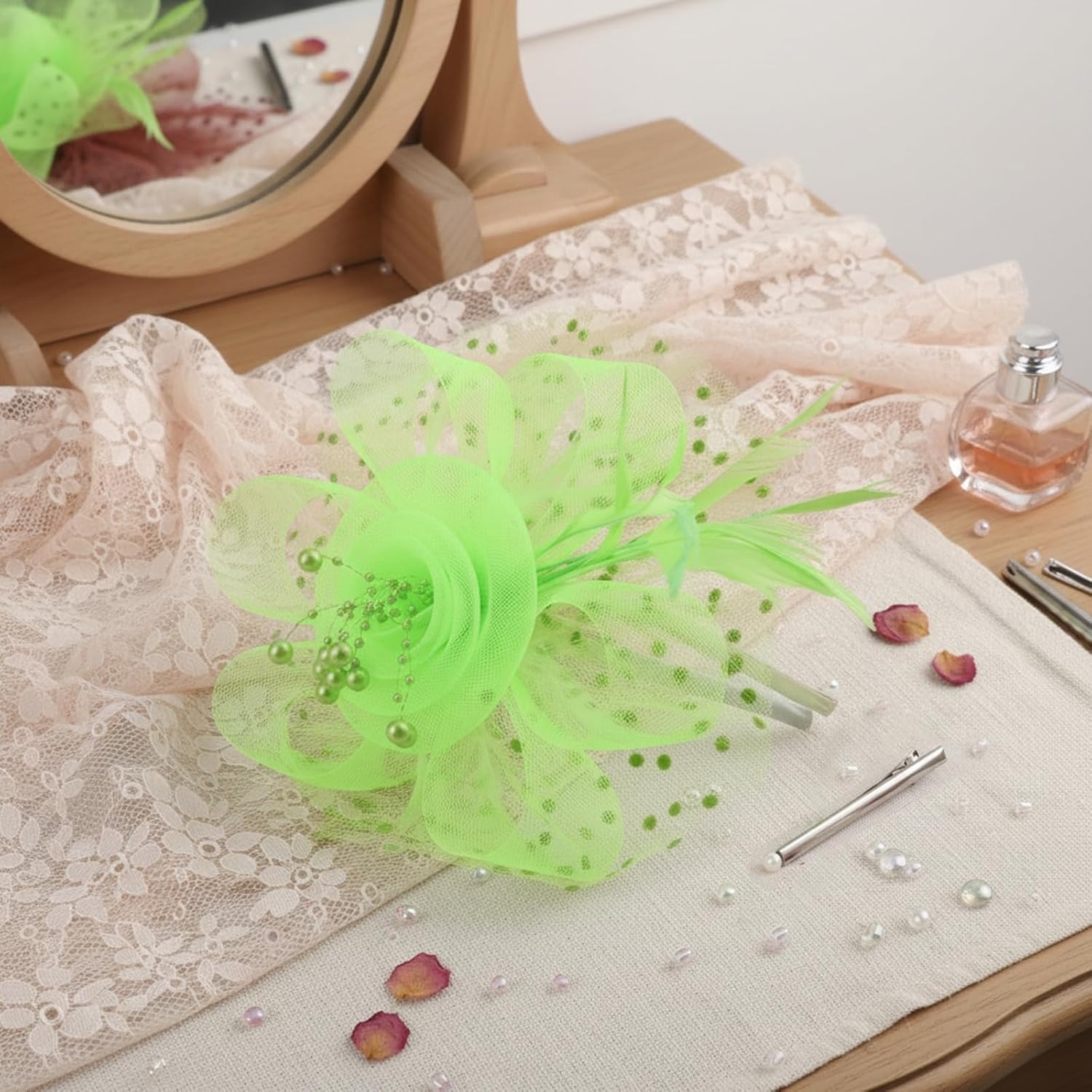 image:imageDRESHOW Fascinators Hat Flower Mesh Ribbons Feathers on a Headband and a Clip Tea Party Headwear for Girls and Women7 Diameter Bright Green