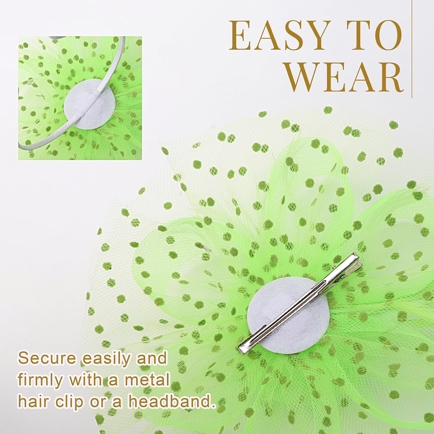 image:imageDRESHOW Fascinators Hat Flower Mesh Ribbons Feathers on a Headband and a Clip Tea Party Headwear for Girls and Women7 Diameter Bright Green