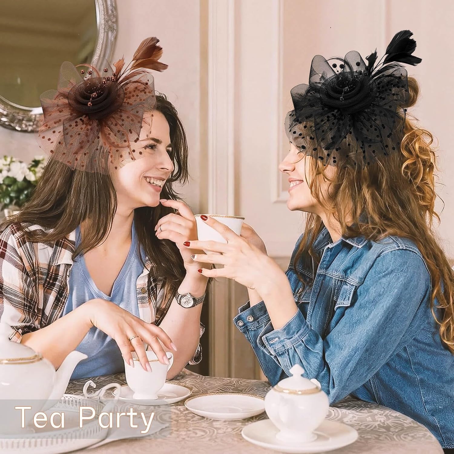 image:imageDRESHOW Fascinators Hat Flower Mesh Ribbons Feathers on a Headband and a Clip Tea Party Headwear for Girls and Women7 Diameter Brown