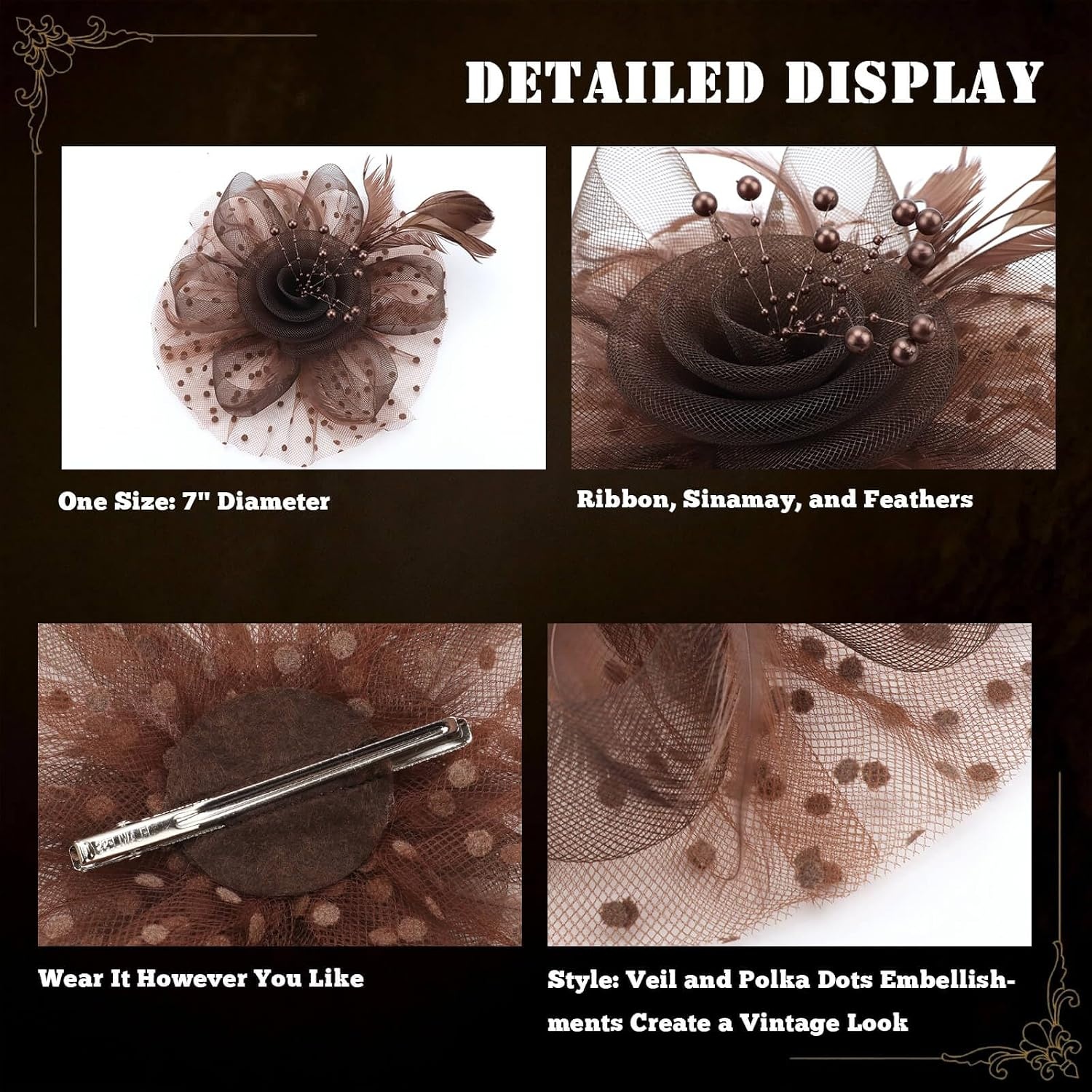 image:imageDRESHOW Fascinators Hat Flower Mesh Ribbons Feathers on a Headband and a Clip Tea Party Headwear for Girls and Women7 Diameter Brown