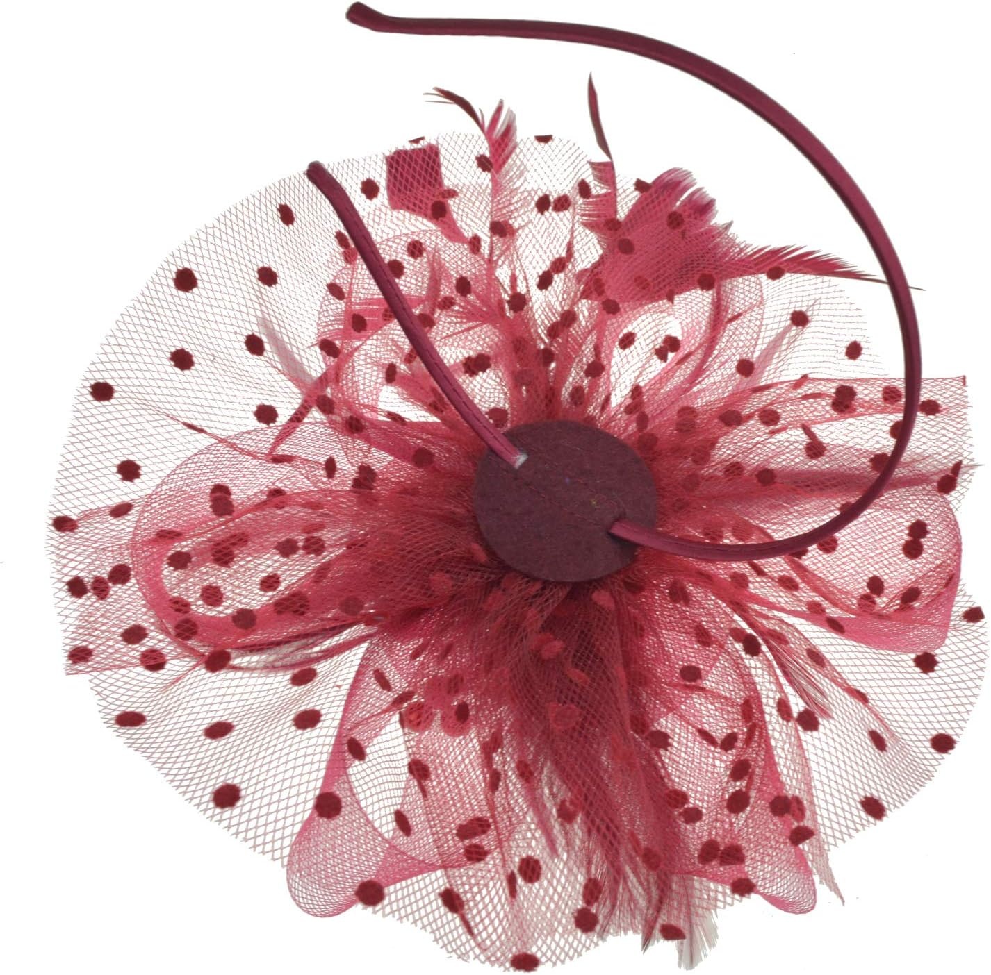image:imageDRESHOW Fascinators Hat Flower Mesh Ribbons Feathers on a Headband and a Clip Tea Party Headwear for Girls and Women7 Diameter Burgundy