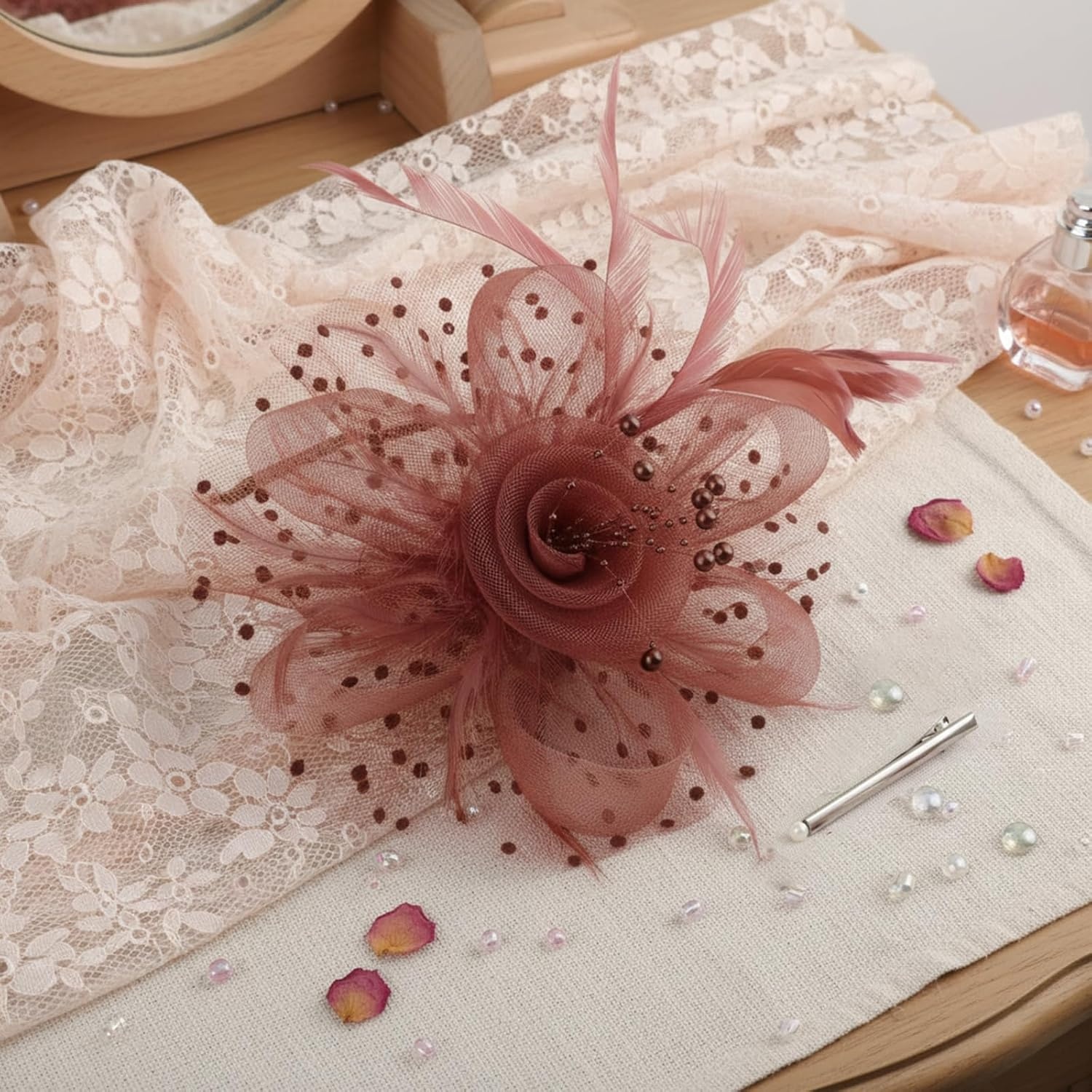 image:imageDRESHOW Fascinators Hat Flower Mesh Ribbons Feathers on a Headband and a Clip Tea Party Headwear for Girls and Women7 Diameter Coffee