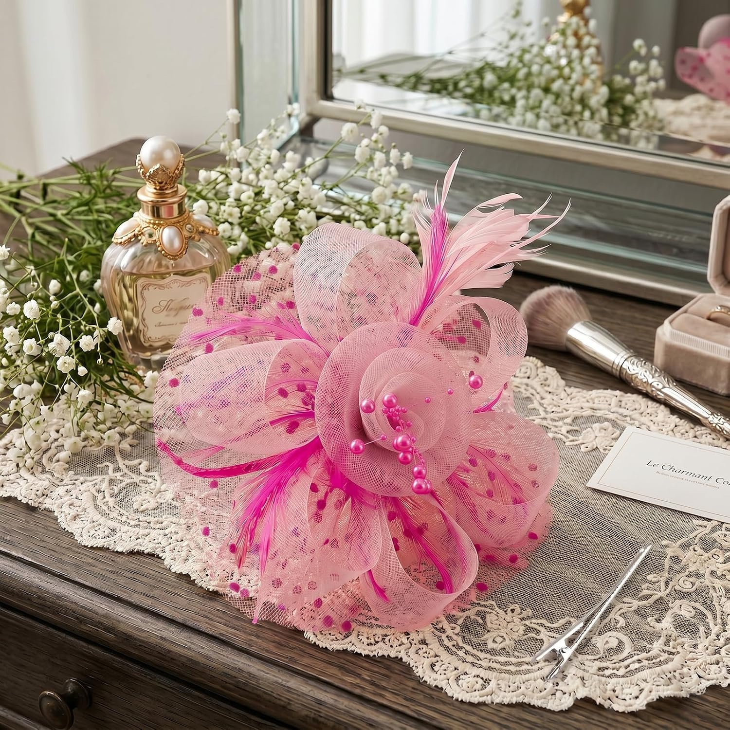 image:imageDRESHOW Fascinators Hat Flower Mesh Ribbons Feathers on a Headband and a Clip Tea Party Headwear for Girls and Women7 Diameter Dark Pink Light Pink