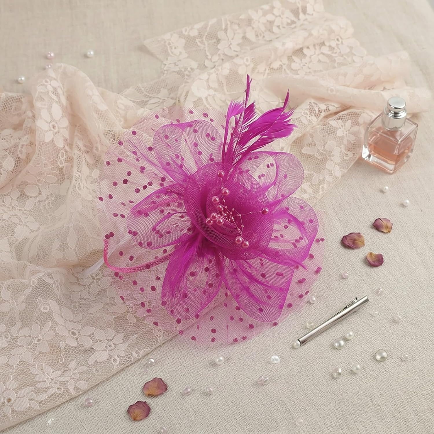image:imageDRESHOW Fascinators Hat Flower Mesh Ribbons Feathers on a Headband and a Clip Tea Party Headwear for Girls and Women7 Diameter Dark Reddish Purple