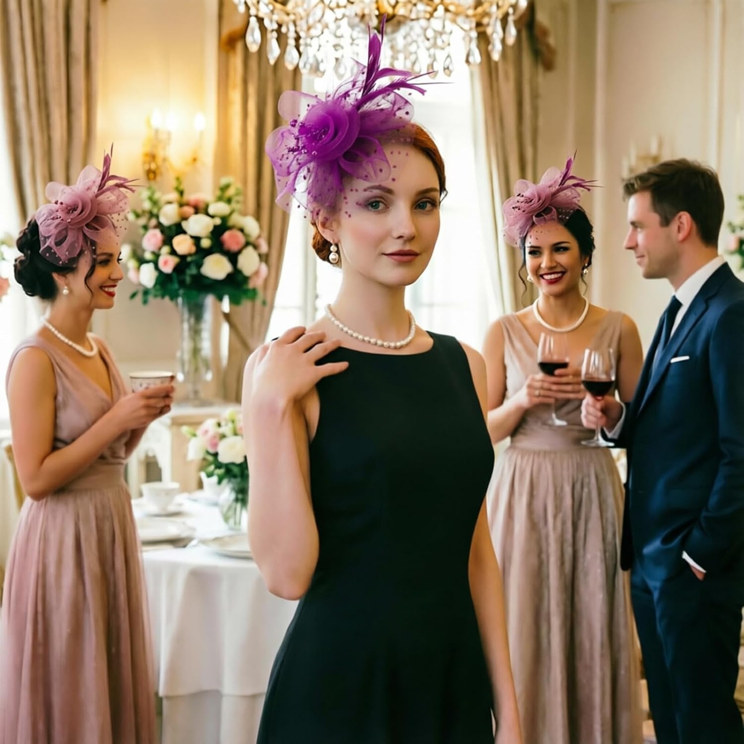 image:imageDRESHOW Fascinators Hat Flower Mesh Ribbons Feathers on a Headband and a Clip Tea Party Headwear for Girls and Women7 Diameter Dark Reddish Purple