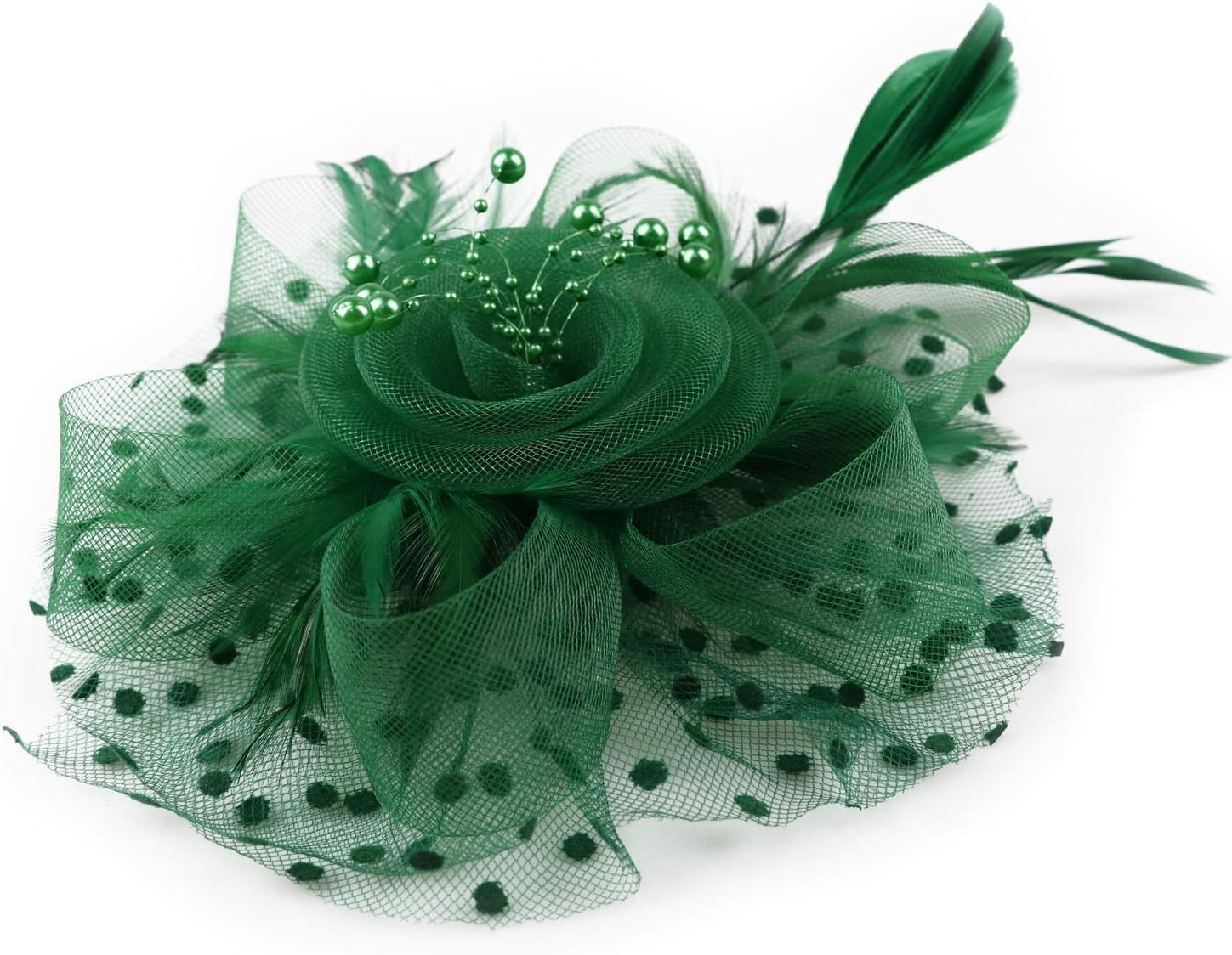 image:imageDRESHOW Fascinators Hat Flower Mesh Ribbons Feathers on a Headband and a Clip Tea Party Headwear for Girls and Women7 Diameter Emerald Green