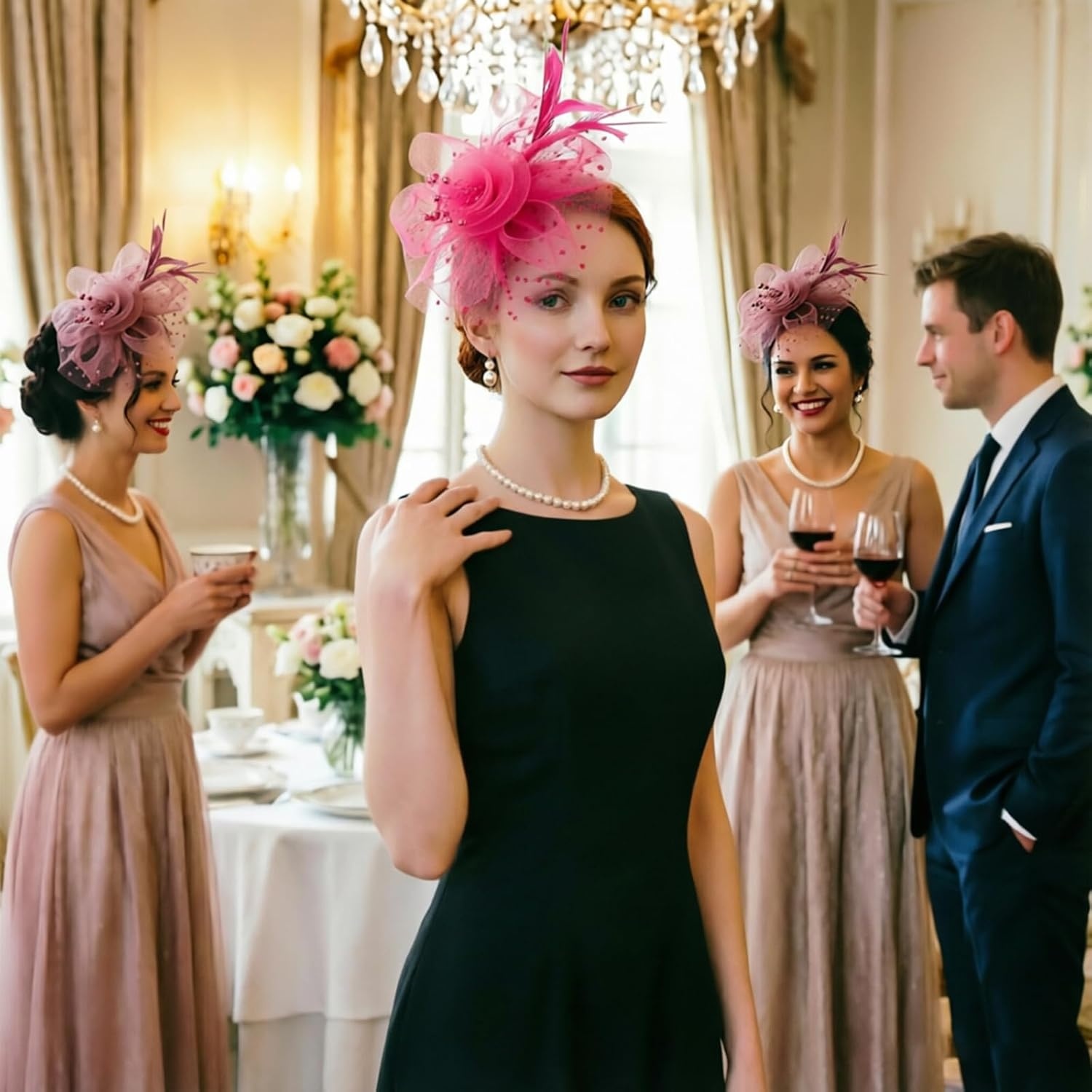 image:imageDRESHOW Fascinators Hat Flower Mesh Ribbons Feathers on a Headband and a Clip Tea Party Headwear for Girls and Women7 Diameter Fuschia