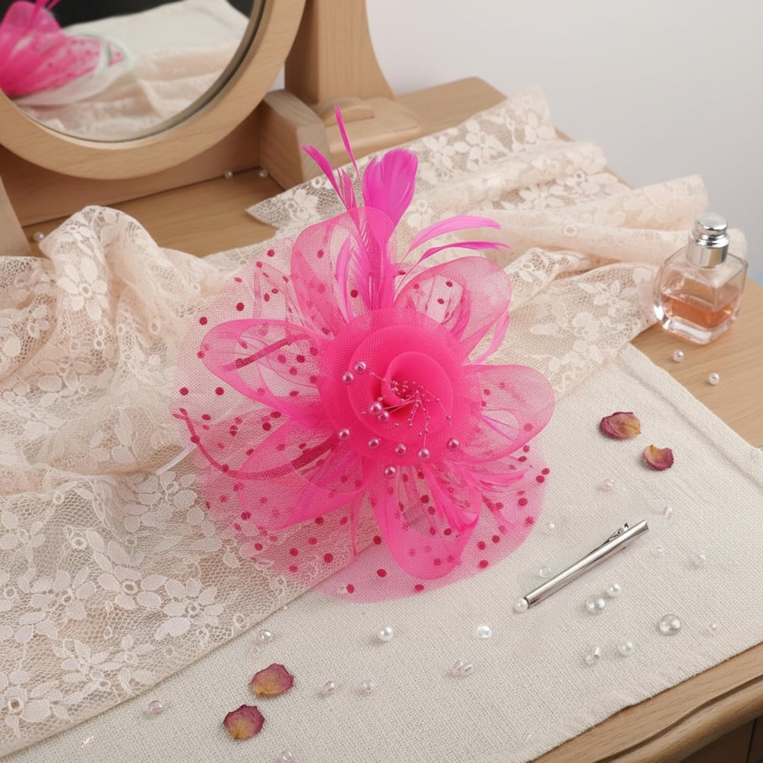 image:imageDRESHOW Fascinators Hat Flower Mesh Ribbons Feathers on a Headband and a Clip Tea Party Headwear for Girls and Women7 Diameter Fuschia