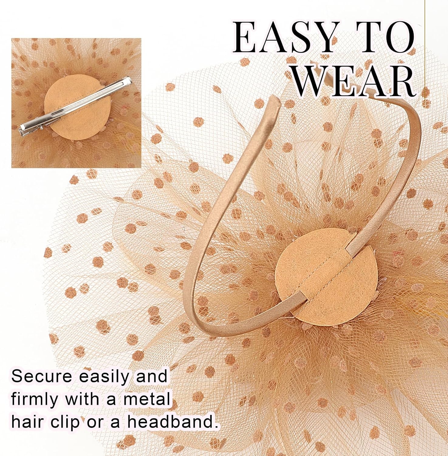image:imageDRESHOW Fascinators Hat Flower Mesh Ribbons Feathers on a Headband and a Clip Tea Party Headwear for Girls and Women7 Diameter Gold