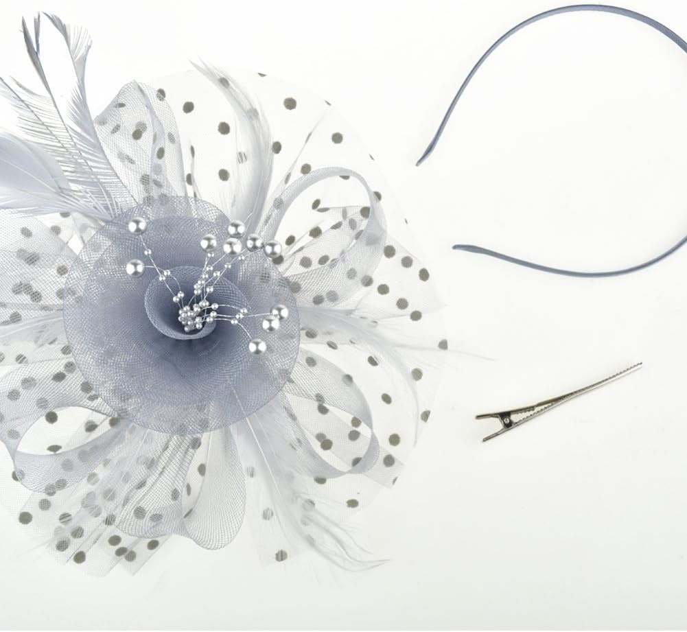 image:imageDRESHOW Fascinators Hat Flower Mesh Ribbons Feathers on a Headband and a Clip Tea Party Headwear for Girls and Women7 Diameter Grey
