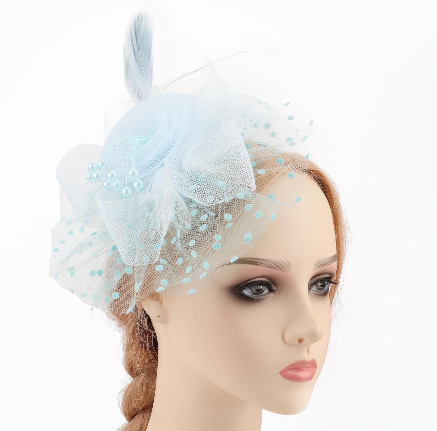 image:imageDRESHOW Fascinators Hat Flower Mesh Ribbons Feathers on a Headband and a Clip Tea Party Headwear for Girls and Women7 Diameter Light Blue