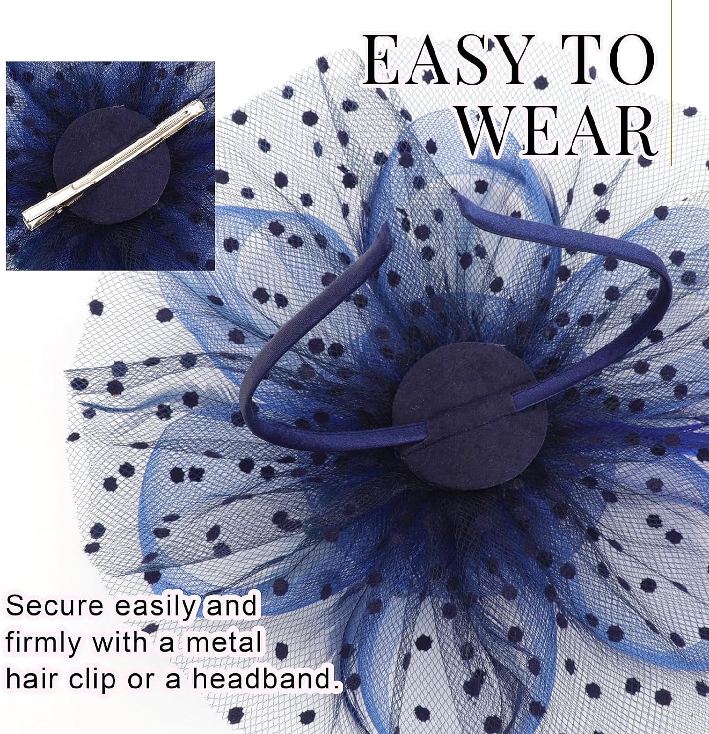 image:imageDRESHOW Fascinators Hat Flower Mesh Ribbons Feathers on a Headband and a Clip Tea Party Headwear for Girls and Women7 Diameter Navy Dark Blue