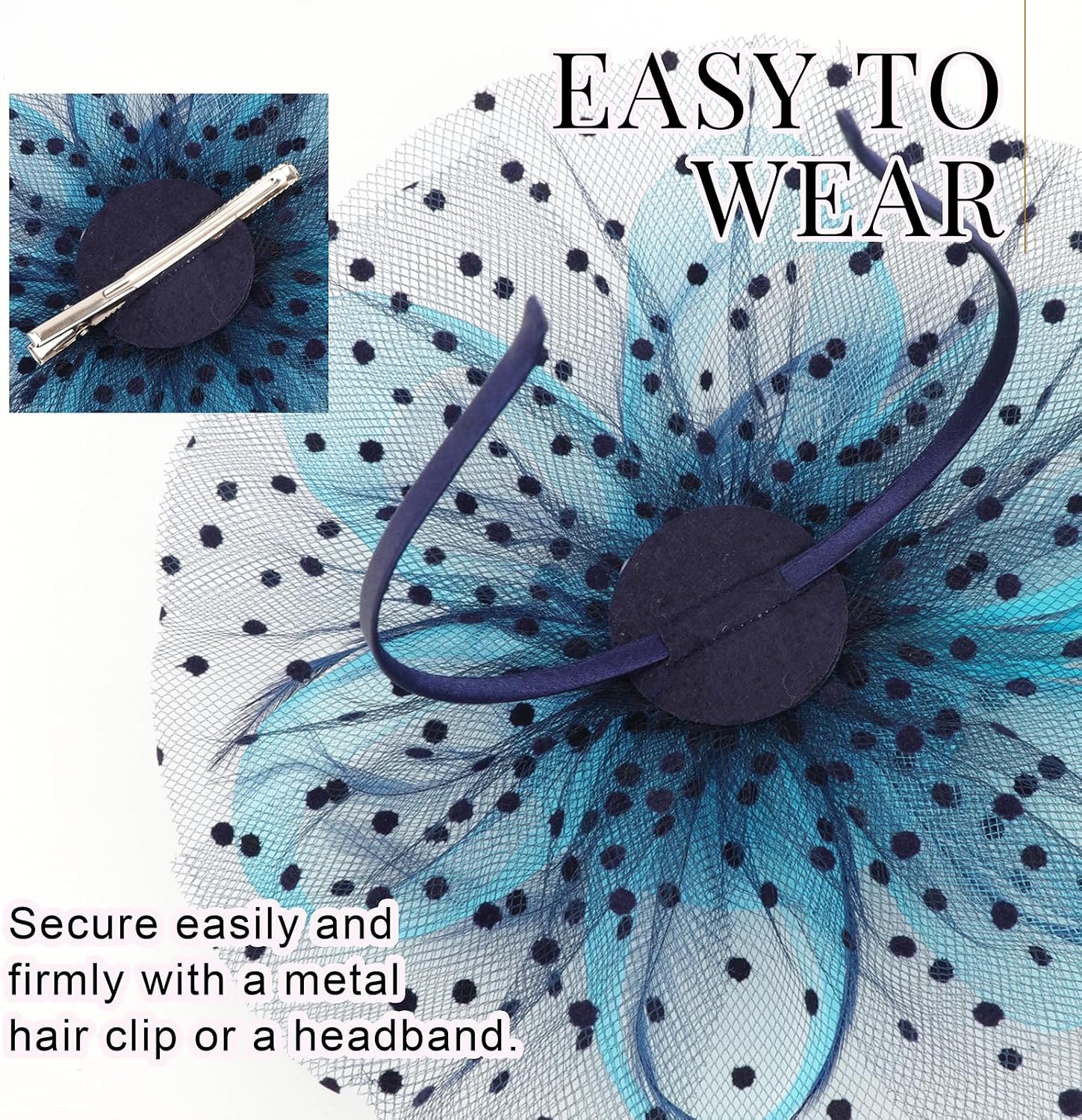 image:imageDRESHOW Fascinators Hat Flower Mesh Ribbons Feathers on a Headband and a Clip Tea Party Headwear for Girls and Women7 Diameter Navy Teal