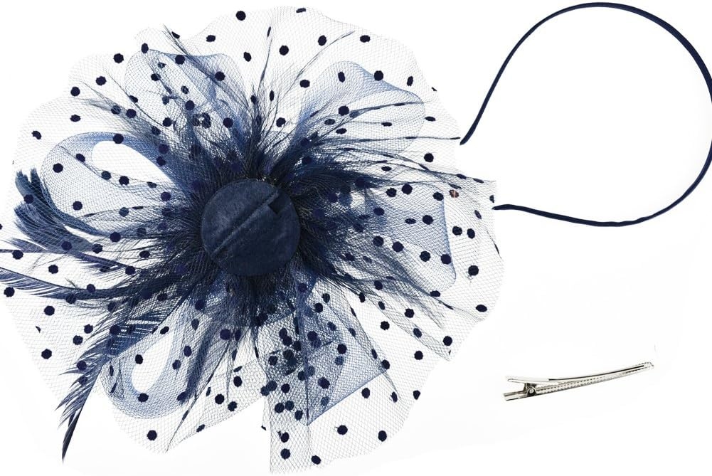 image:imageDRESHOW Fascinators Hat Flower Mesh Ribbons Feathers on a Headband and a Clip Tea Party Headwear for Girls and Women7 Diameter Navy