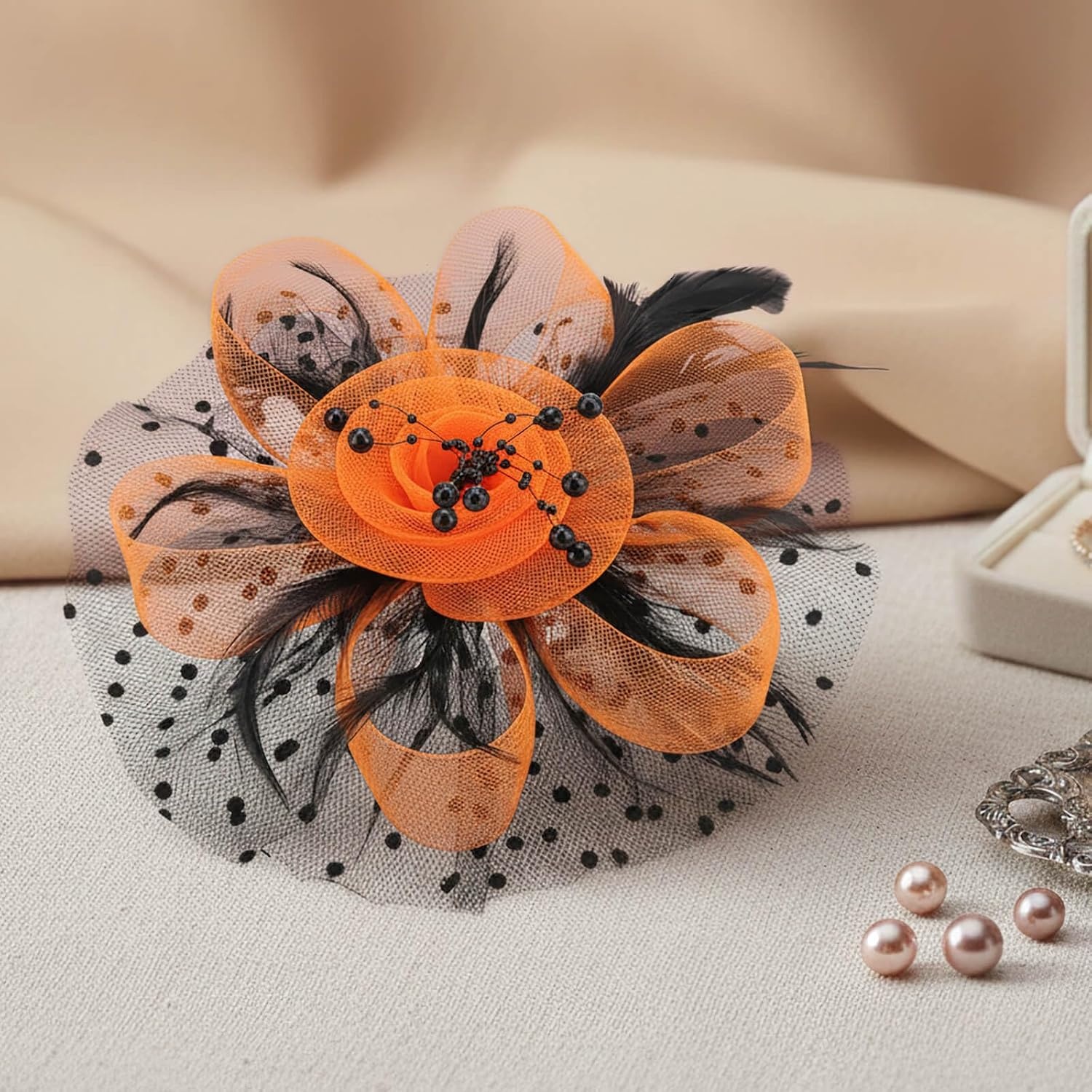 image:imageDRESHOW Fascinators Hat Flower Mesh Ribbons Feathers on a Headband and a Clip Tea Party Headwear for Girls and Women7 Diameter Orange Black