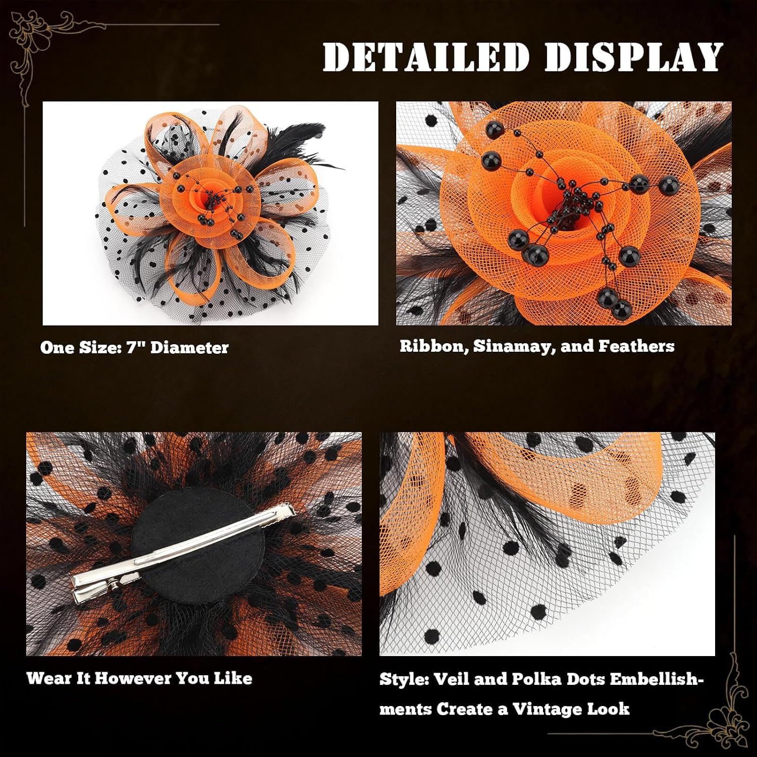 image:imageDRESHOW Fascinators Hat Flower Mesh Ribbons Feathers on a Headband and a Clip Tea Party Headwear for Girls and Women7 Diameter Orange Black
