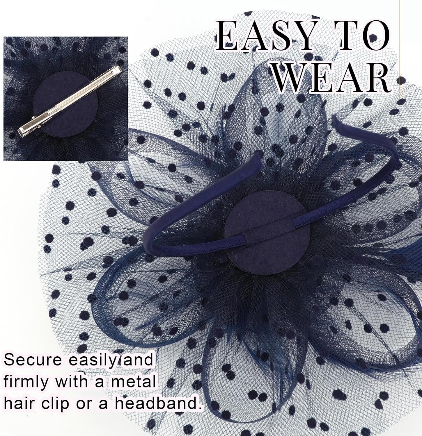 image:imageDRESHOW Fascinators Hat Flower Mesh Ribbons Feathers on a Headband and a Clip Tea Party Headwear for Girls and Women7 Diameter Oxford Blue
