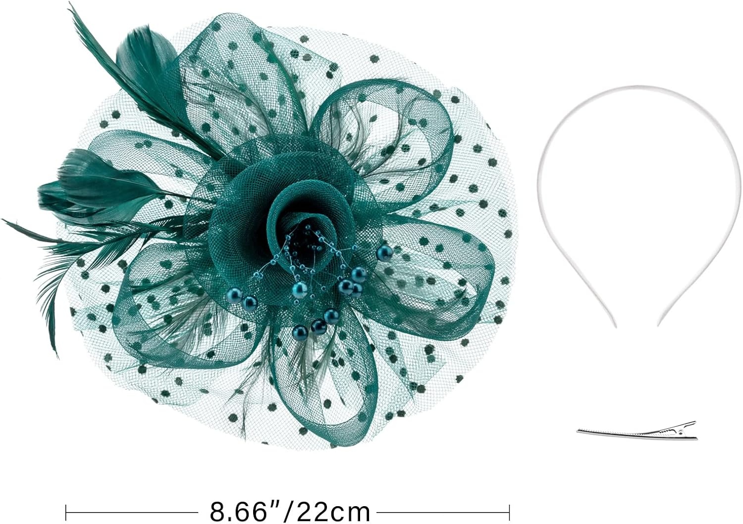 image:imageDRESHOW Fascinators Hat Flower Mesh Ribbons Feathers on a Headband and a Clip Tea Party Headwear for Girls and Women7 Diameter Peacock Blue
