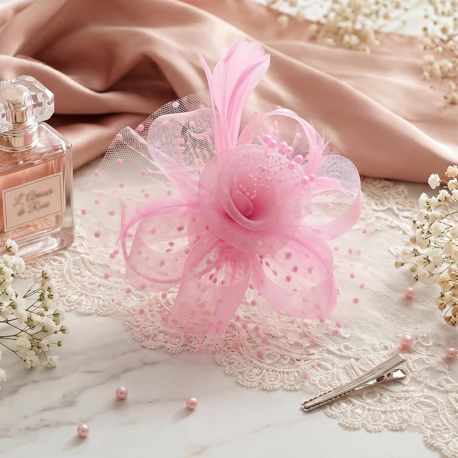 image:imageDRESHOW Fascinators Hat Flower Mesh Ribbons Feathers on a Headband and a Clip Tea Party Headwear for Girls and Women7 Diameter Pink