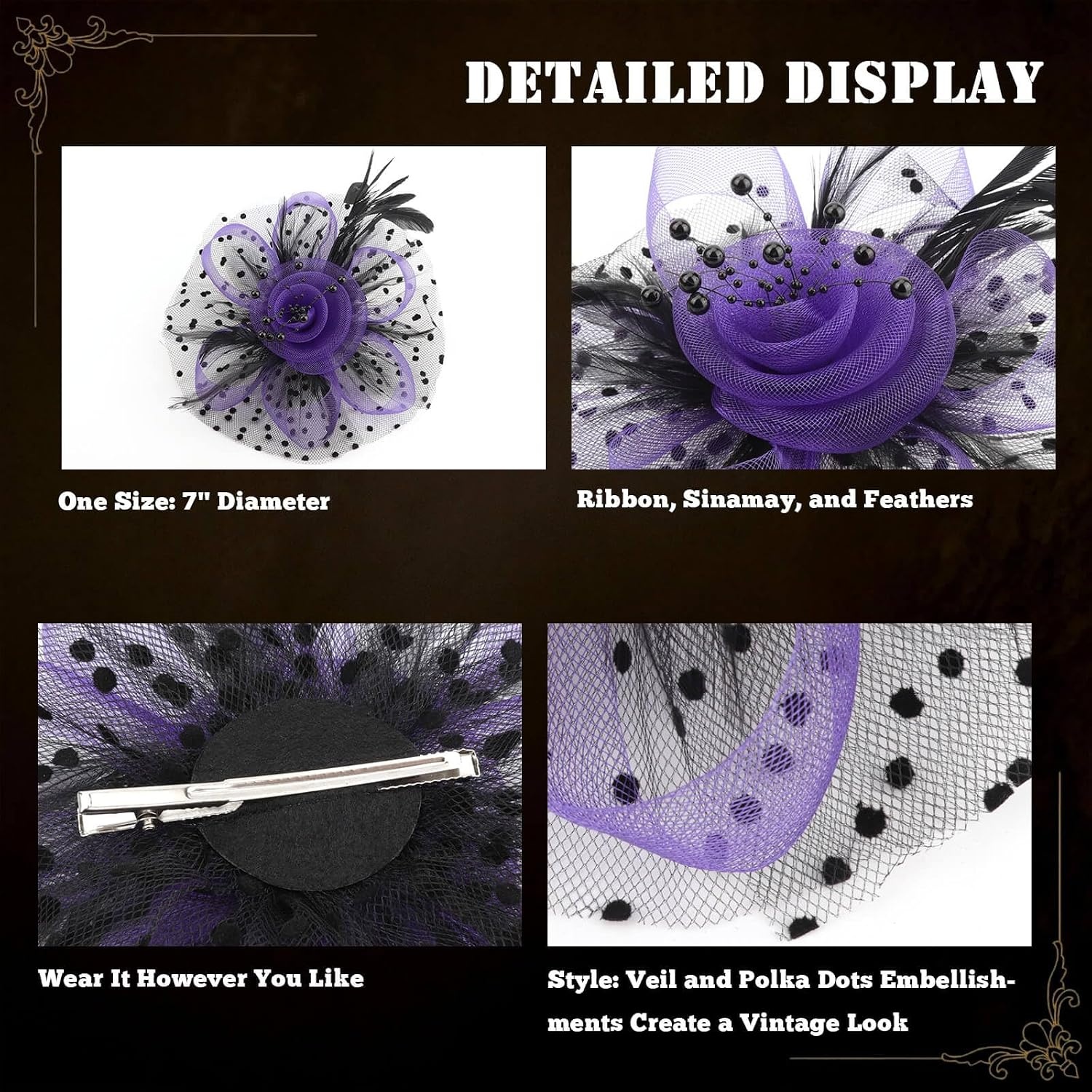 image:imageDRESHOW Fascinators Hat Flower Mesh Ribbons Feathers on a Headband and a Clip Tea Party Headwear for Girls and Women7 Diameter Purple Black