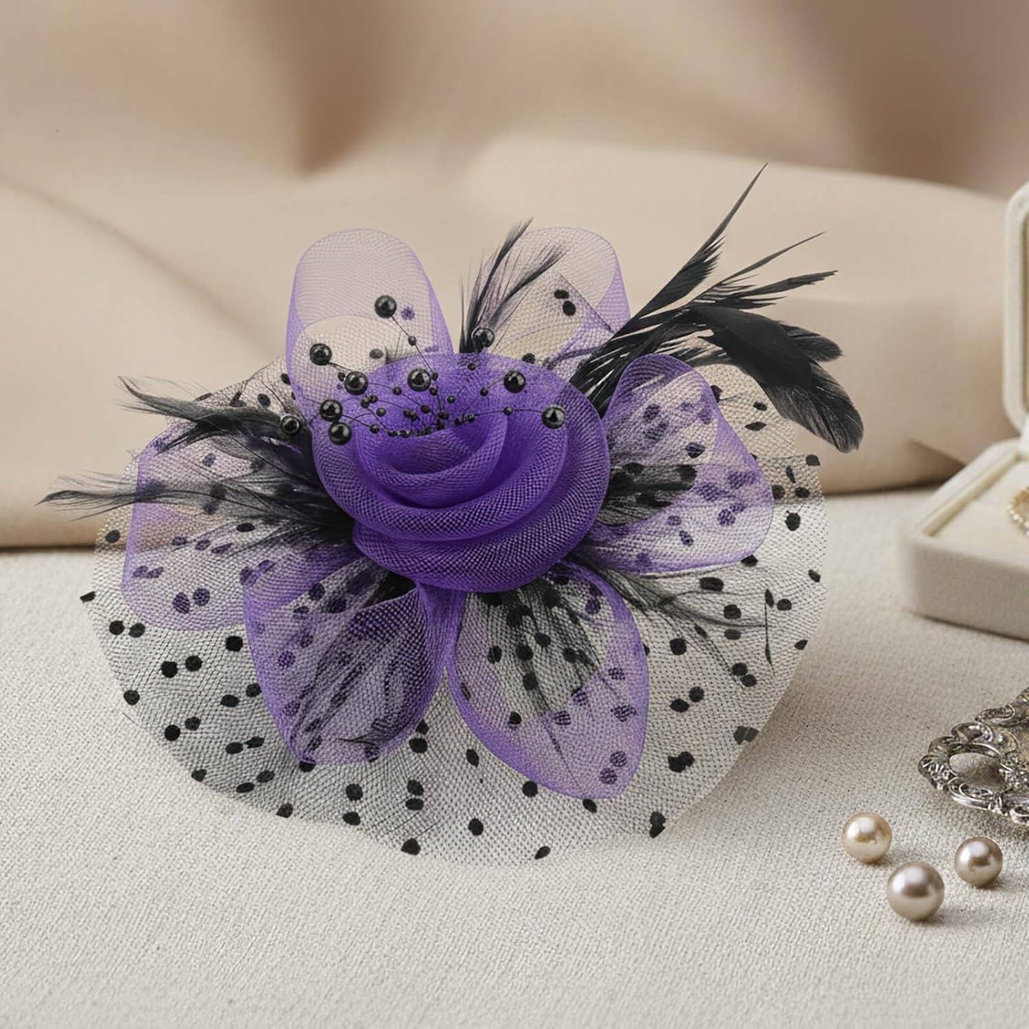 image:imageDRESHOW Fascinators Hat Flower Mesh Ribbons Feathers on a Headband and a Clip Tea Party Headwear for Girls and Women7 Diameter Purple Black