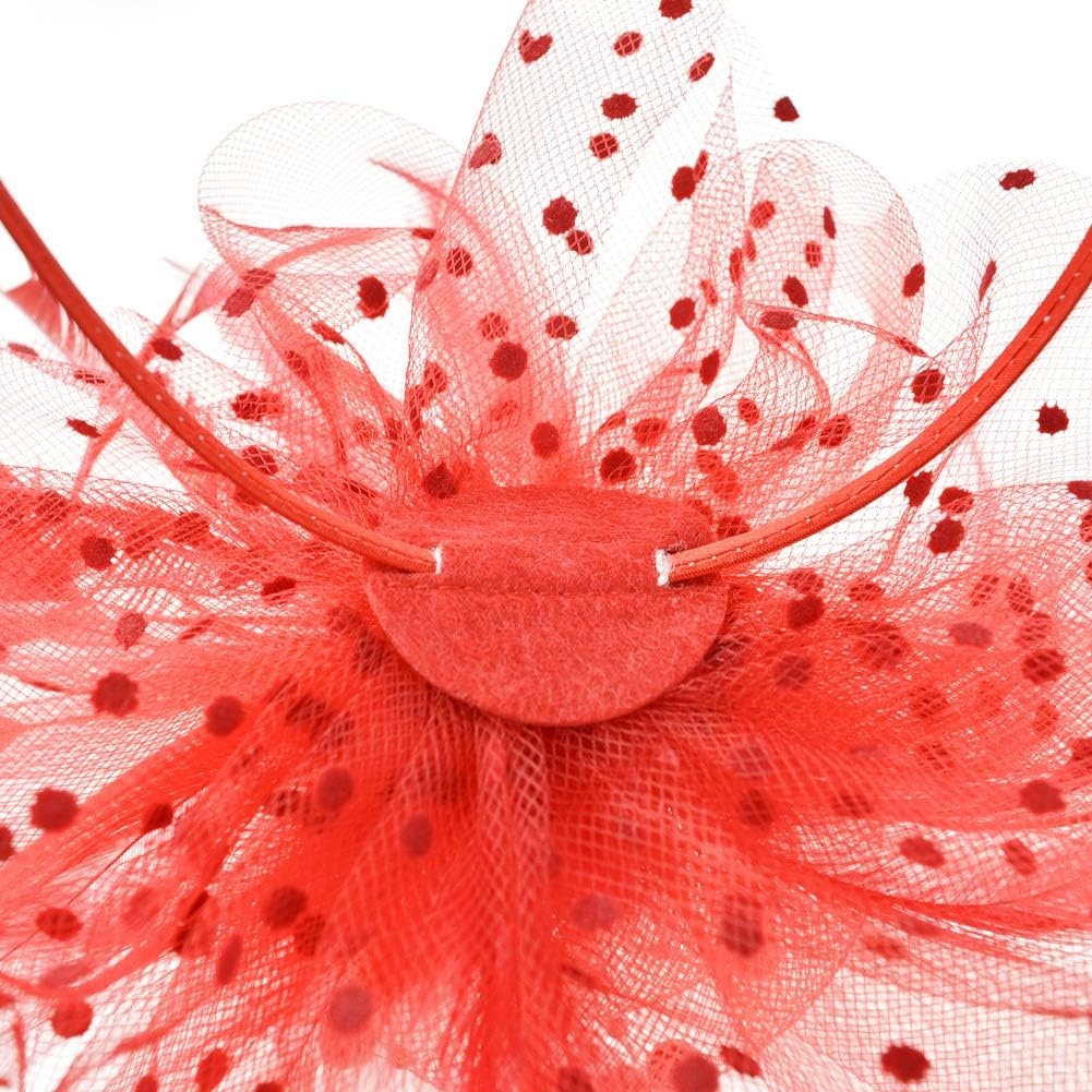 image:imageDRESHOW Fascinators Hat Flower Mesh Ribbons Feathers on a Headband and a Clip Tea Party Headwear for Girls and Women7 Diameter Red