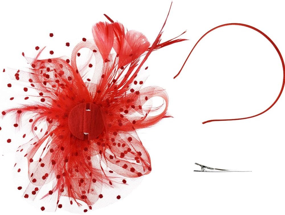 image:imageDRESHOW Fascinators Hat Flower Mesh Ribbons Feathers on a Headband and a Clip Tea Party Headwear for Girls and Women7 Diameter Red