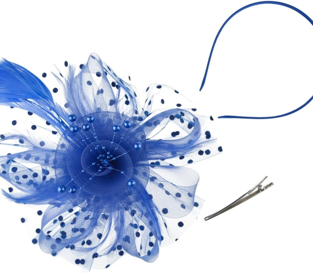image:imageDRESHOW Fascinators Hat Flower Mesh Ribbons Feathers on a Headband and a Clip Tea Party Headwear for Girls and Women7 Diameter Royal Blue