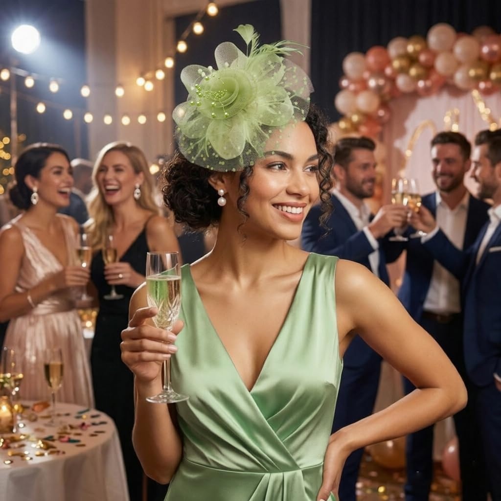 image:imageDRESHOW Fascinators Hat Flower Mesh Ribbons Feathers on a Headband and a Clip Tea Party Headwear for Girls and Women7 Diameter Sage Green