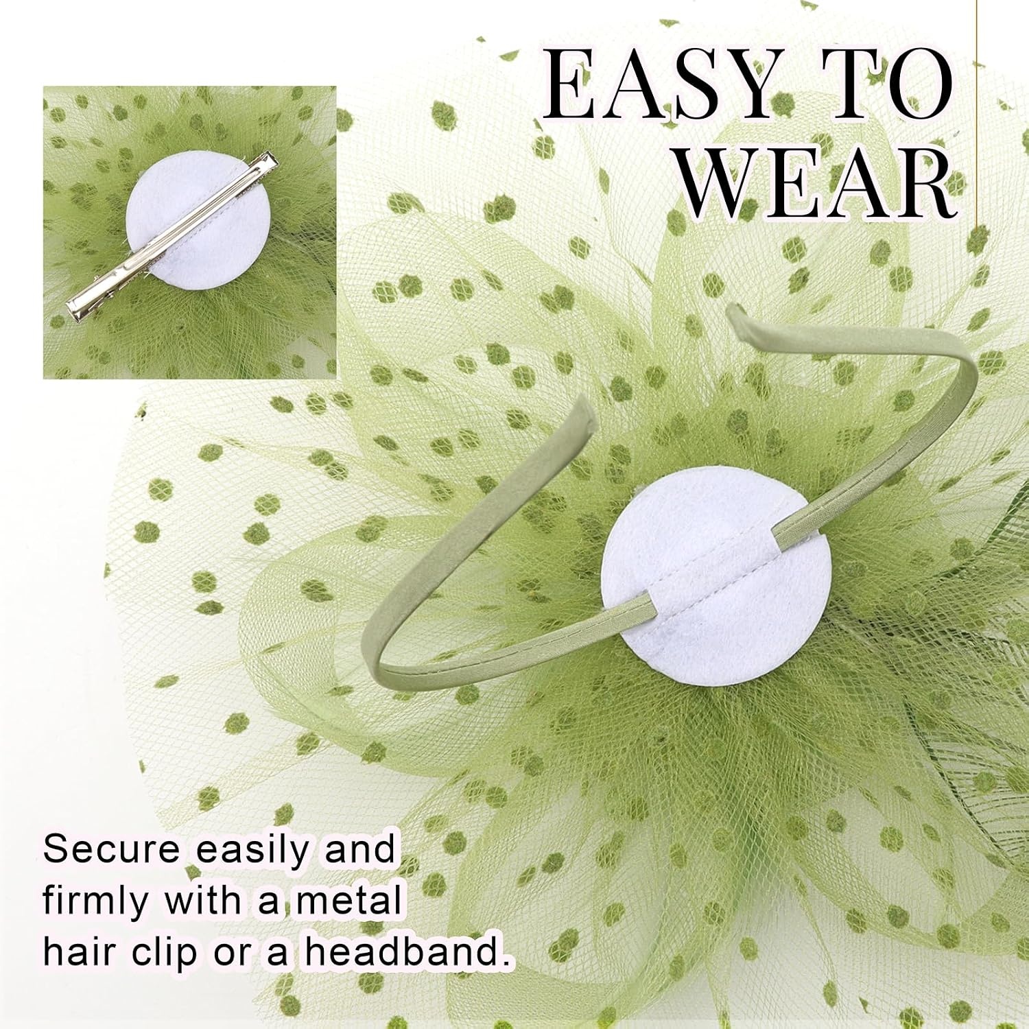 image:imageDRESHOW Fascinators Hat Flower Mesh Ribbons Feathers on a Headband and a Clip Tea Party Headwear for Girls and Women7 Diameter Sage Green