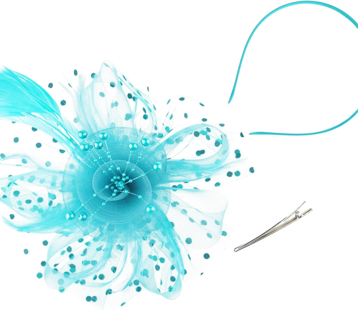 image:imageDRESHOW Fascinators Hat Flower Mesh Ribbons Feathers on a Headband and a Clip Tea Party Headwear for Girls and Women7 Diameter Sky Blue