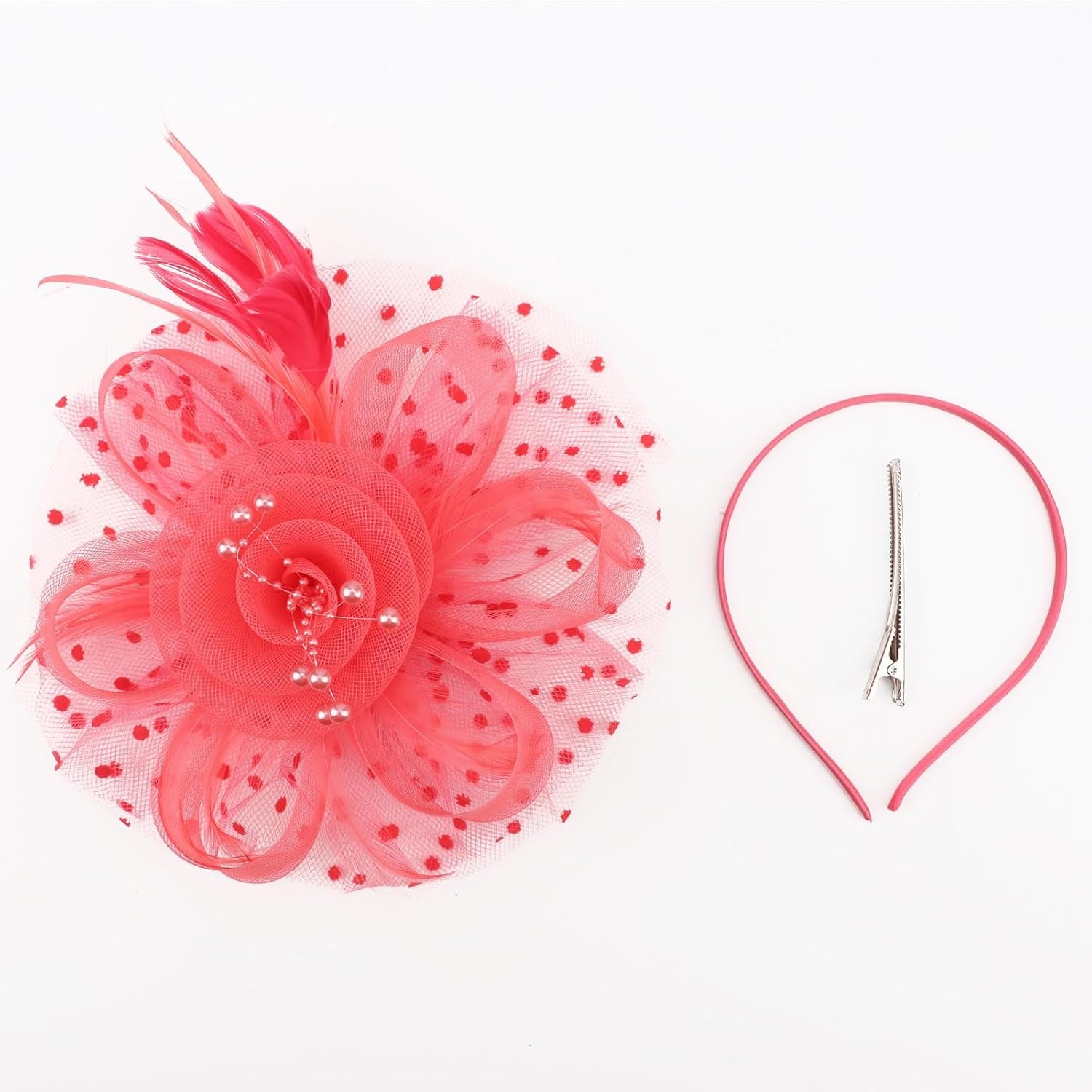 image:imageDRESHOW Fascinators Hat Flower Mesh Ribbons Feathers on a Headband and a Clip Tea Party Headwear for Girls and Women7 Diameter Watermelon Red