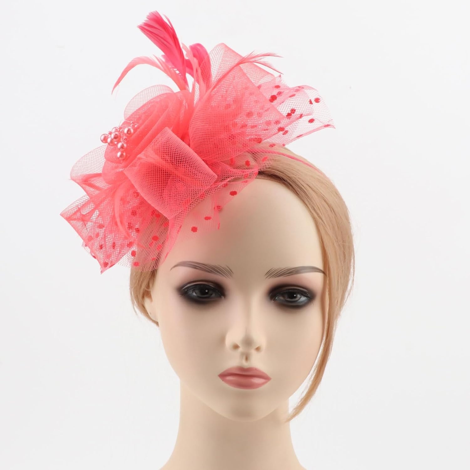 image:imageDRESHOW Fascinators Hat Flower Mesh Ribbons Feathers on a Headband and a Clip Tea Party Headwear for Girls and Women7 Diameter Watermelon Red