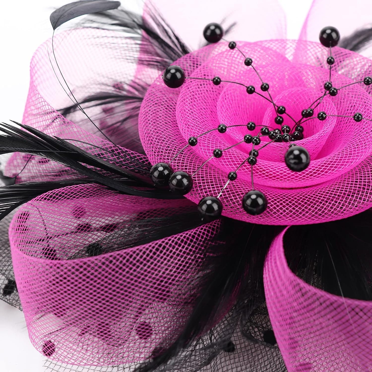 image:imageDRESHOW Fascinators Hat Flower Mesh Ribbons Feathers on a Headband and a Clip Tea Party Headwear for Girls and Women7 Diameter Black Fuschia