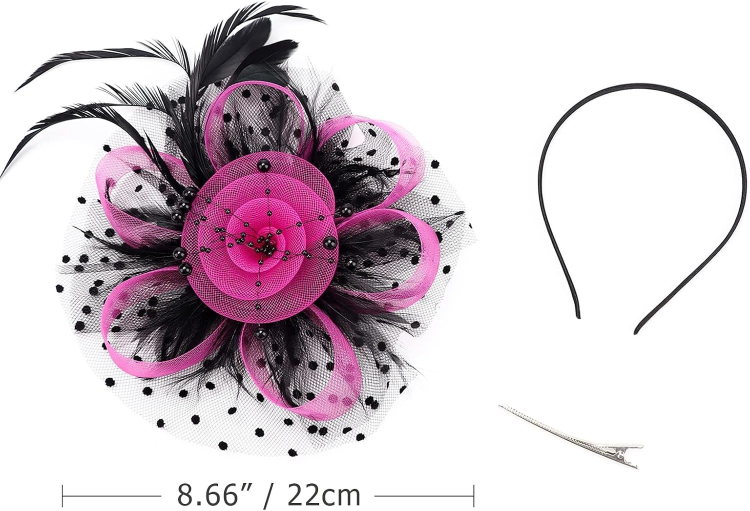 image:imageDRESHOW Fascinators Hat Flower Mesh Ribbons Feathers on a Headband and a Clip Tea Party Headwear for Girls and Women7 Diameter Black Fuschia