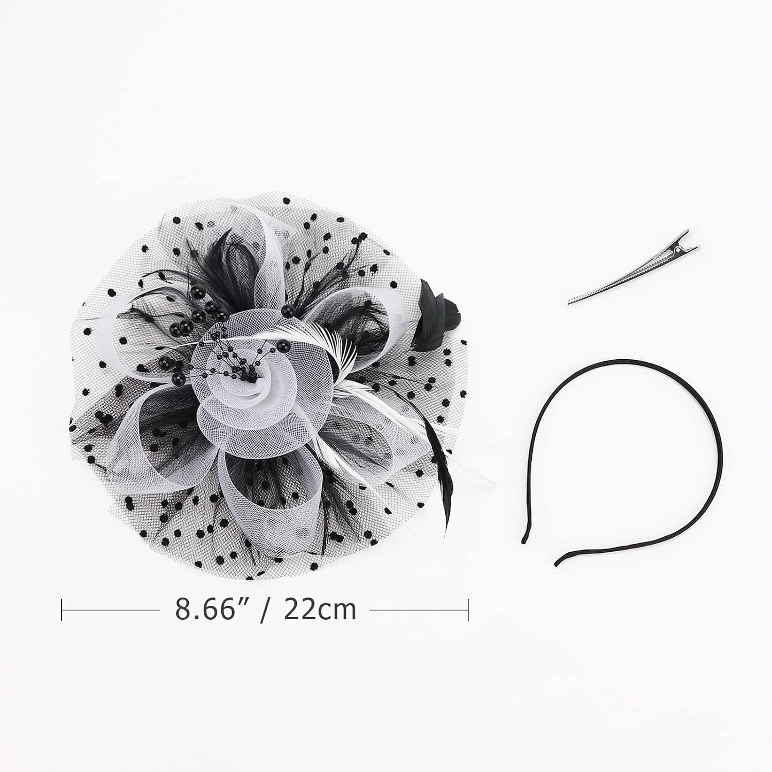 image:imageDRESHOW Fascinators Hat Flower Mesh Ribbons Feathers on a Headband and a Clip Tea Party Headwear for Girls and Women7 Diameter Black White