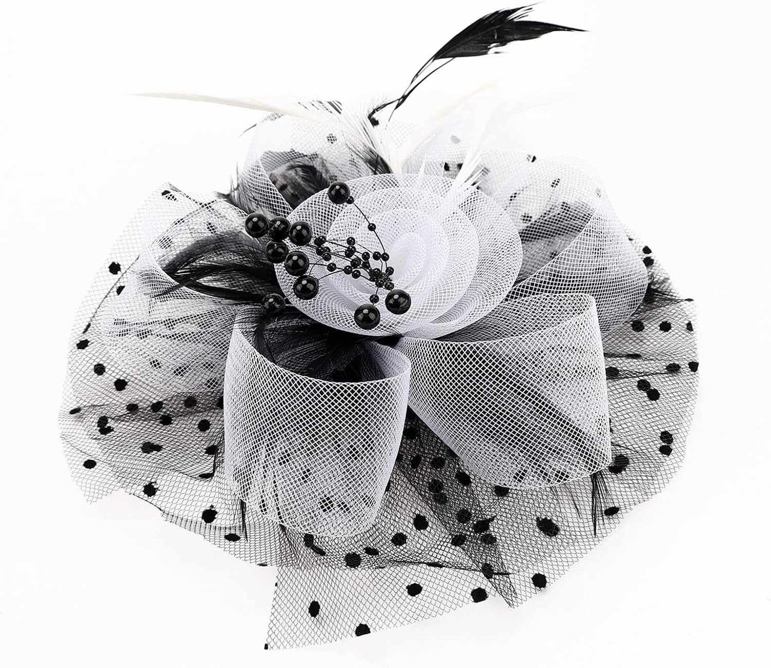 image:imageDRESHOW Fascinators Hat Flower Mesh Ribbons Feathers on a Headband and a Clip Tea Party Headwear for Girls and Women7 Diameter Black White