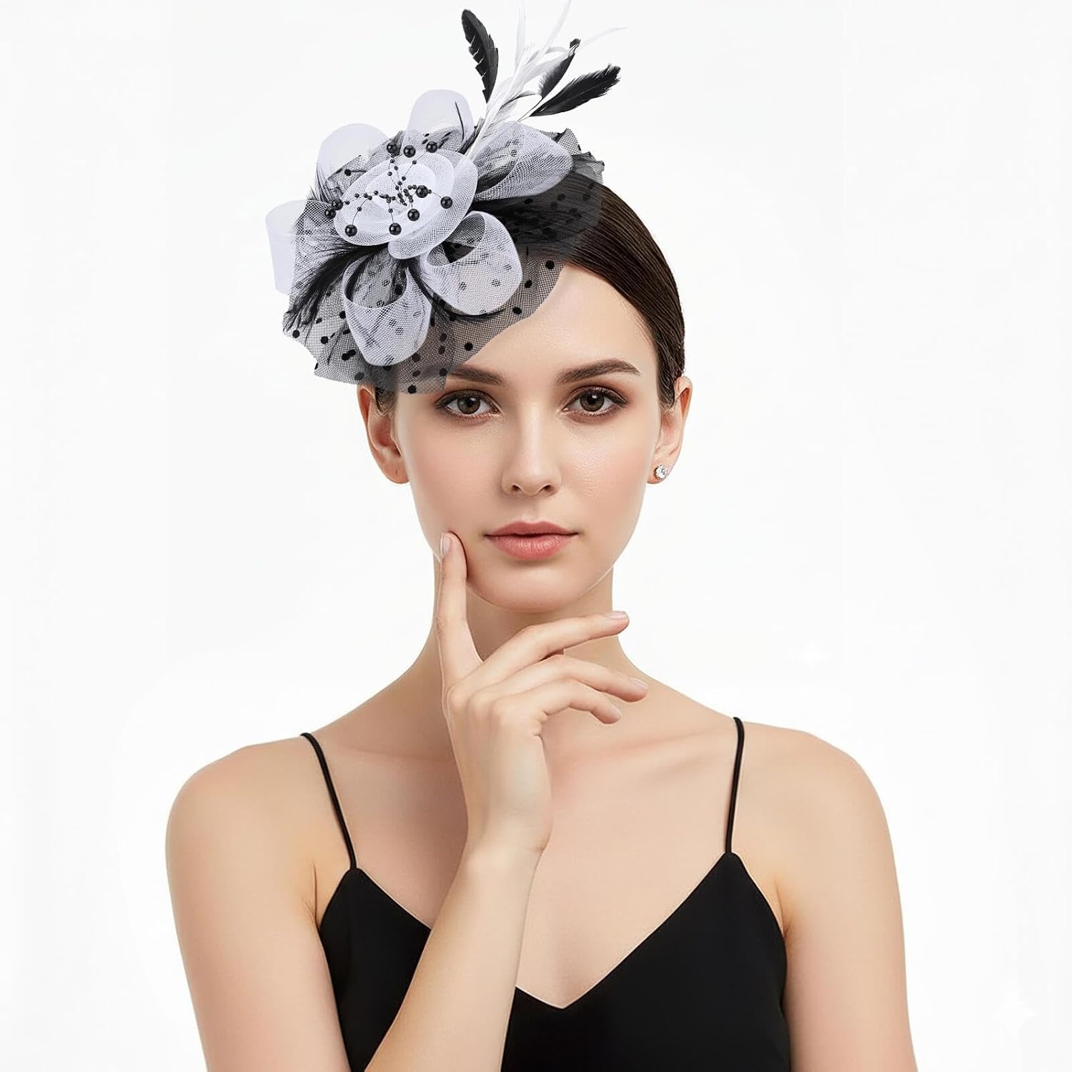 image:imageDRESHOW Fascinators Hat Flower Mesh Ribbons Feathers on a Headband and a Clip Tea Party Headwear for Girls and Women7 Diameter Black White